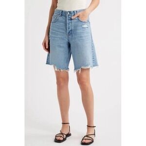 Madewell The Essex Long Baggy Denim Shorts Distressed Button Fly Blue Sz 25
